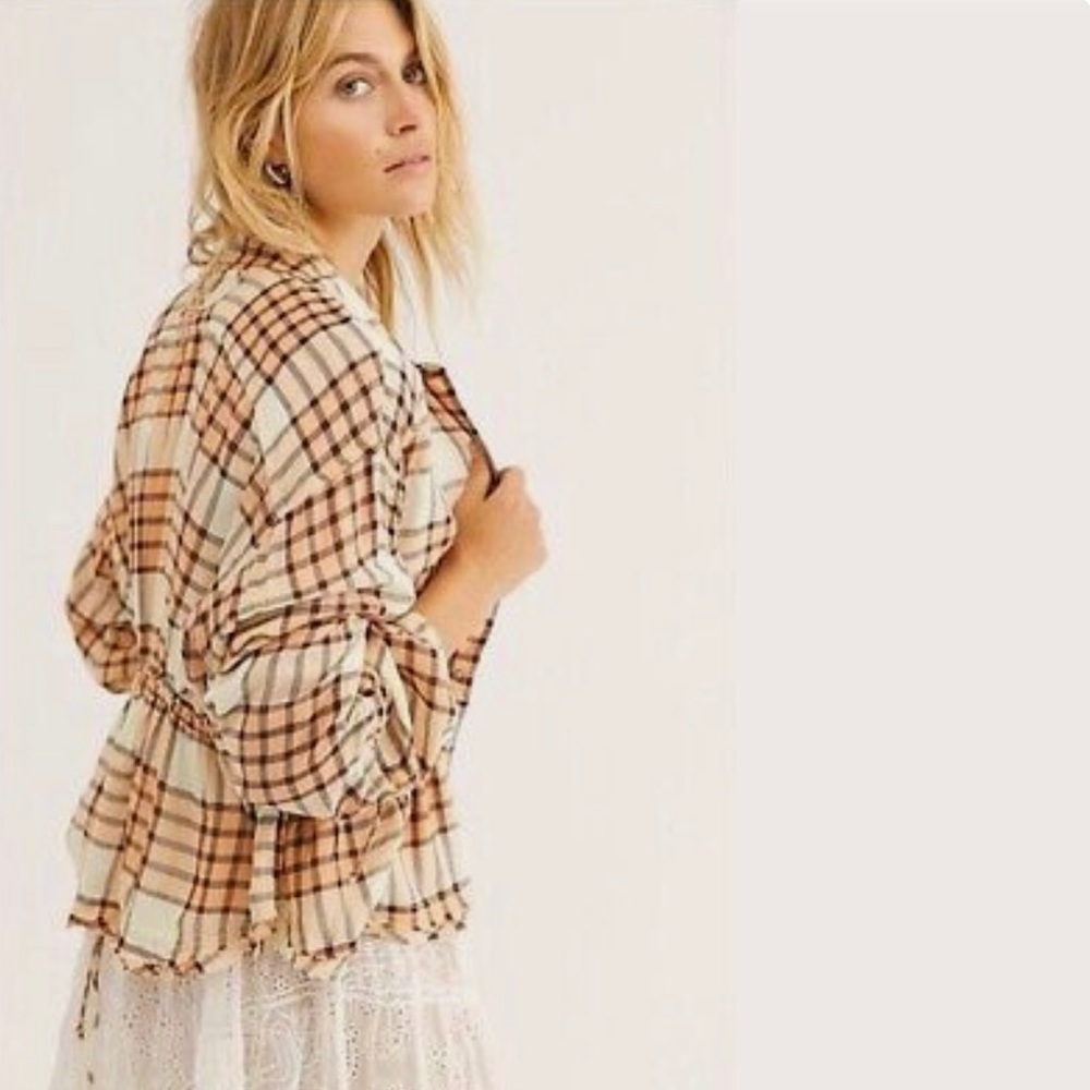 Free People Women's Plaid 3/4 Sleeve Button up Top Brown Size S